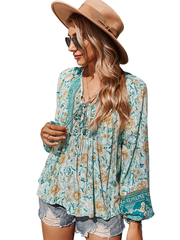 Women's bohemian print resort short sleeve blouse