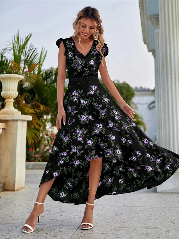 Women's Printed Sleeveless Swing Skirt Lace Waist Dress