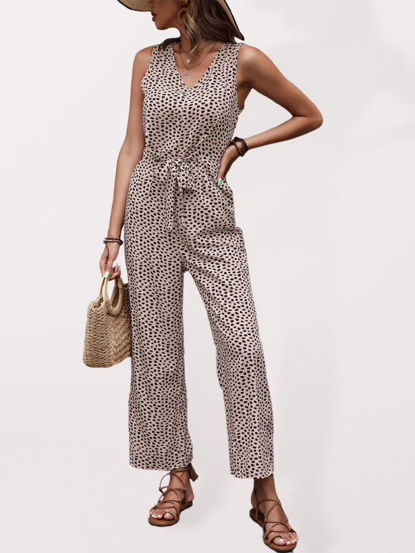 Women's Woven Fashion Casual Leopard Print V-Neck Jumpsuit