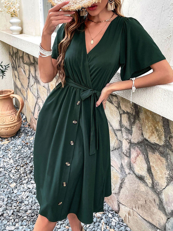 Women's Woven V Neck Short Sleeve Midi Dress