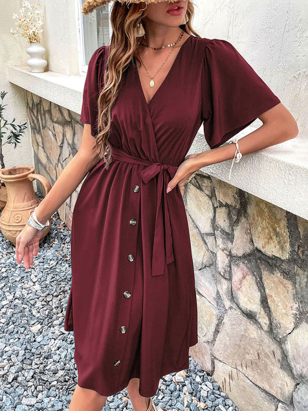 Women's Woven V Neck Short Sleeve Midi Dress