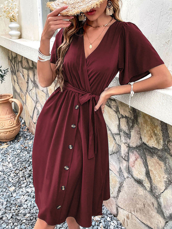 Women's Woven V Neck Short Sleeve Midi Dress