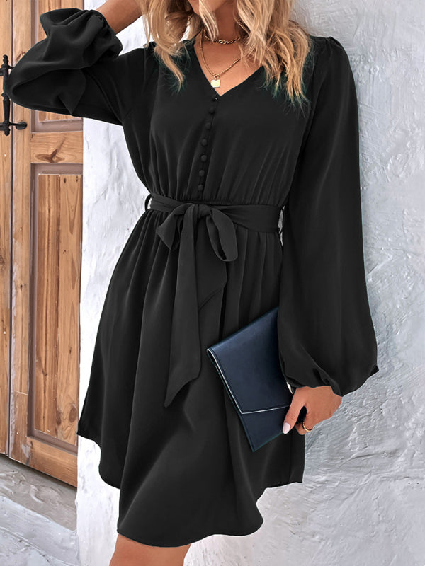 Women's Woven V-Neck Casual Long Sleeve Dress