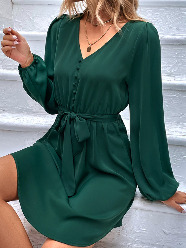 Women's Woven V-Neck Casual Long Sleeve Dress