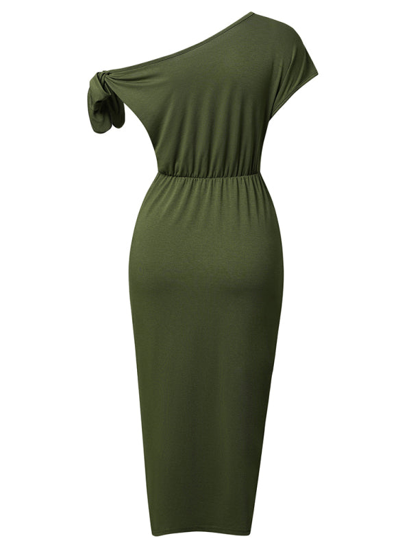 Women's Solid Color Casual Knit Slant Neck Slit Waist Dress