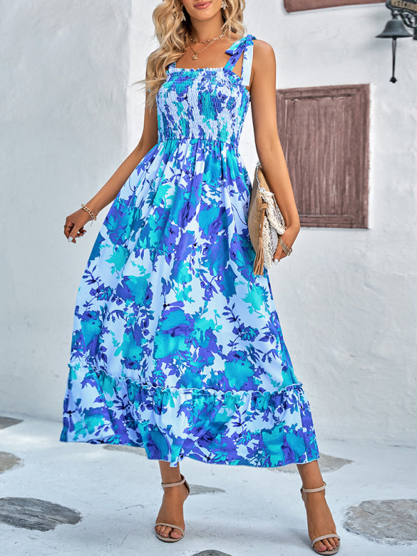 Women's Casual Printed Waist Sleeveless Strappy Long Dress