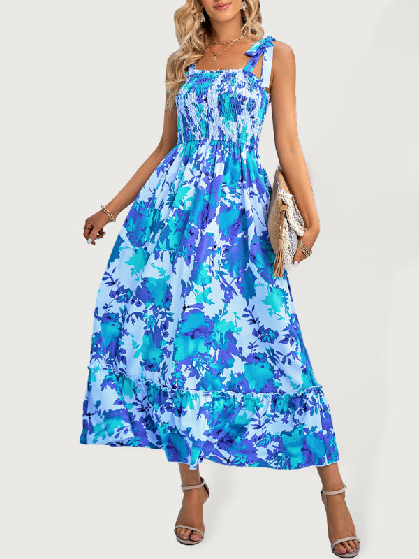 Women's Casual Printed Waist Sleeveless Strappy Long Dress