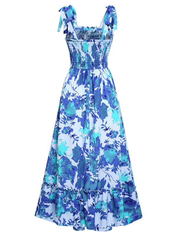 Women's Casual Printed Waist Sleeveless Strappy Long Dress