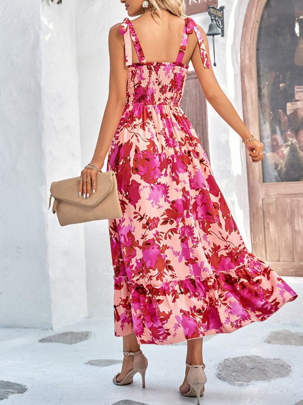 Women's Casual Printed Waist Sleeveless Strappy Long Dress