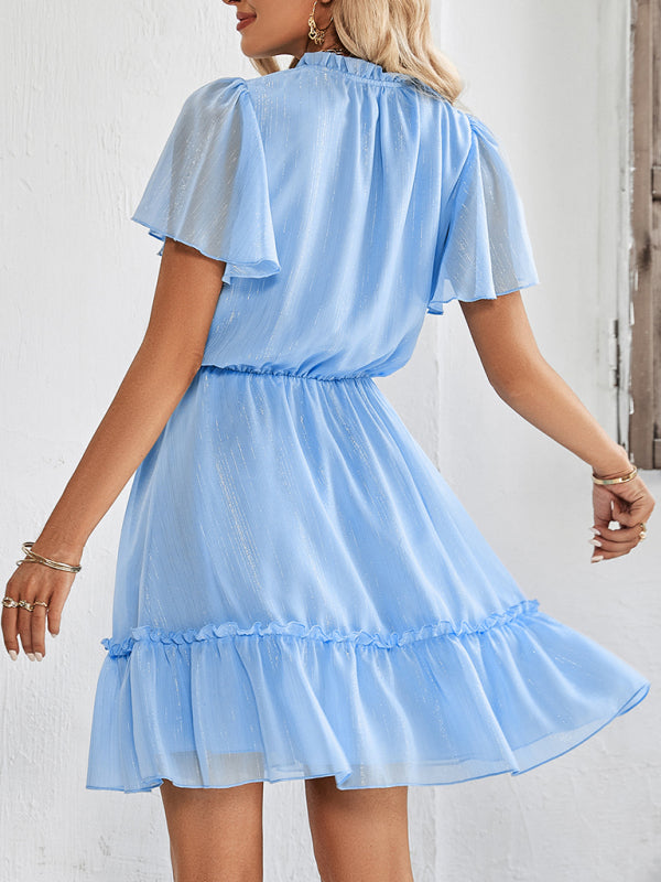 Women's New Fresh V-neck Solid Color Ruffle Dress