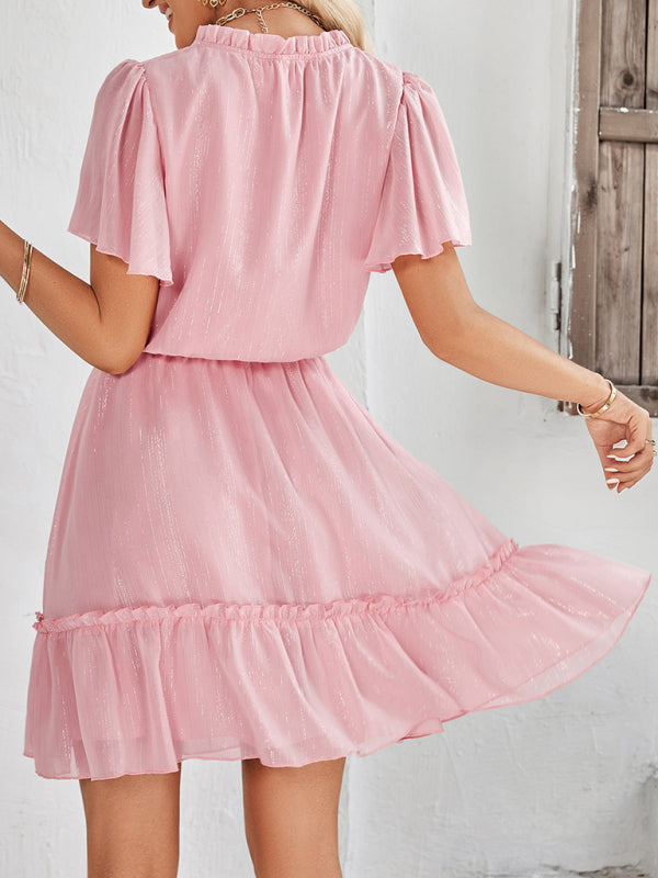 Women's New Fresh V-neck Solid Color Ruffle Dress