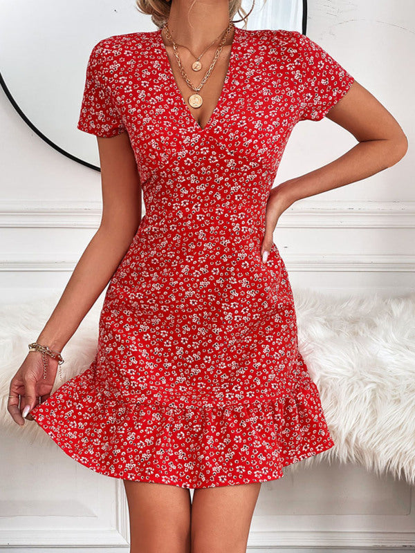 Women's Woven V Neck Short Sleeve Printed Dress