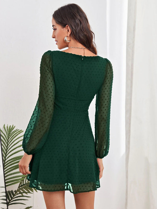 Women's Woven Chiffon Jacquard Elegant Long Sleeve Dress