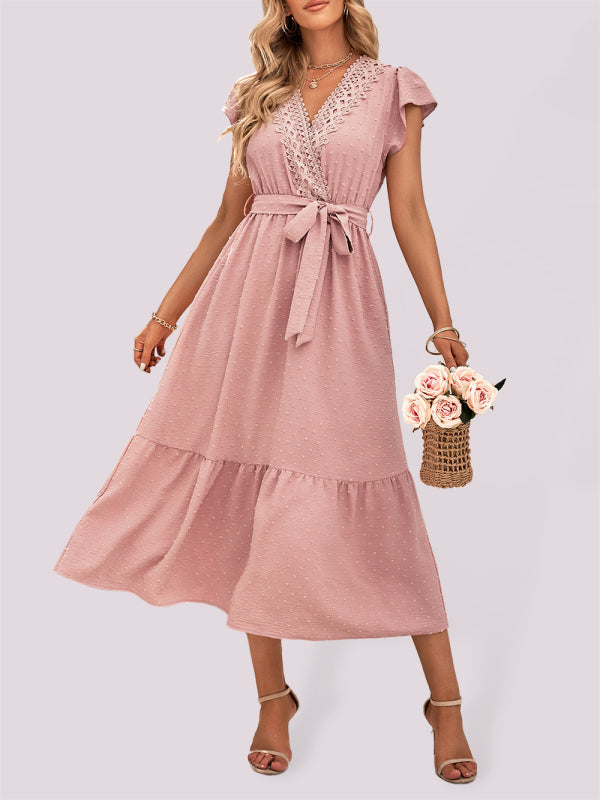 casual new solid color casual tie waist lace v-neck dress