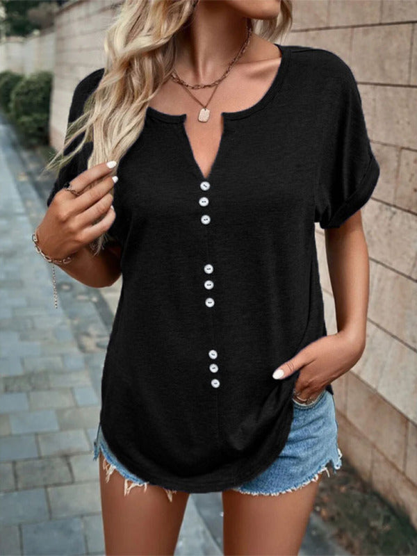 Women's Knitted Casual V-Neck Button Short Sleeve Top