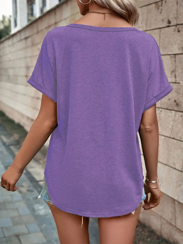 Women's Knitted Casual V-Neck Button Short Sleeve Top