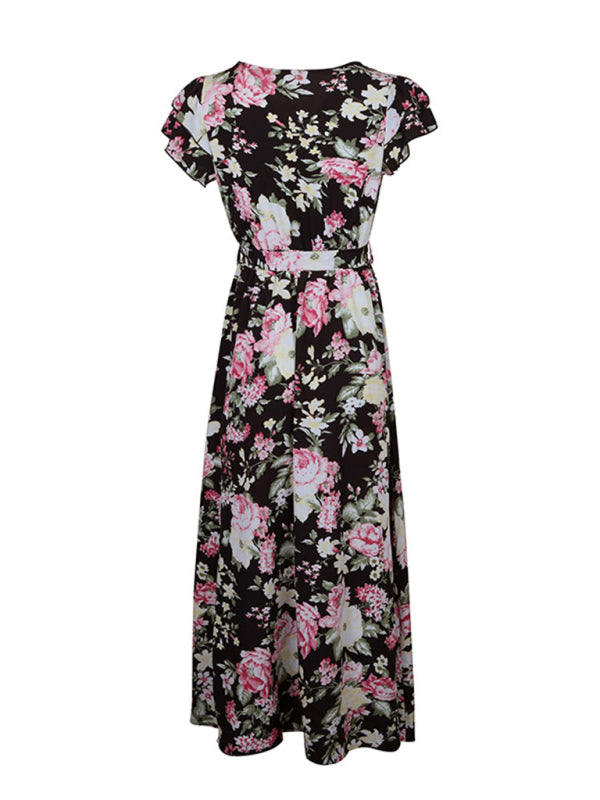 New European and American women's summer vacation mid-length slit floral dress