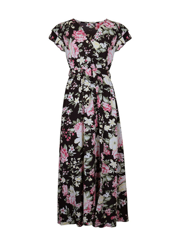 New European and American women's summer vacation mid-length slit floral dress