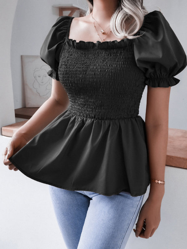 Women's Solid Color Balloon Sleeve Hem Ruffle Chiffon Shirt Top