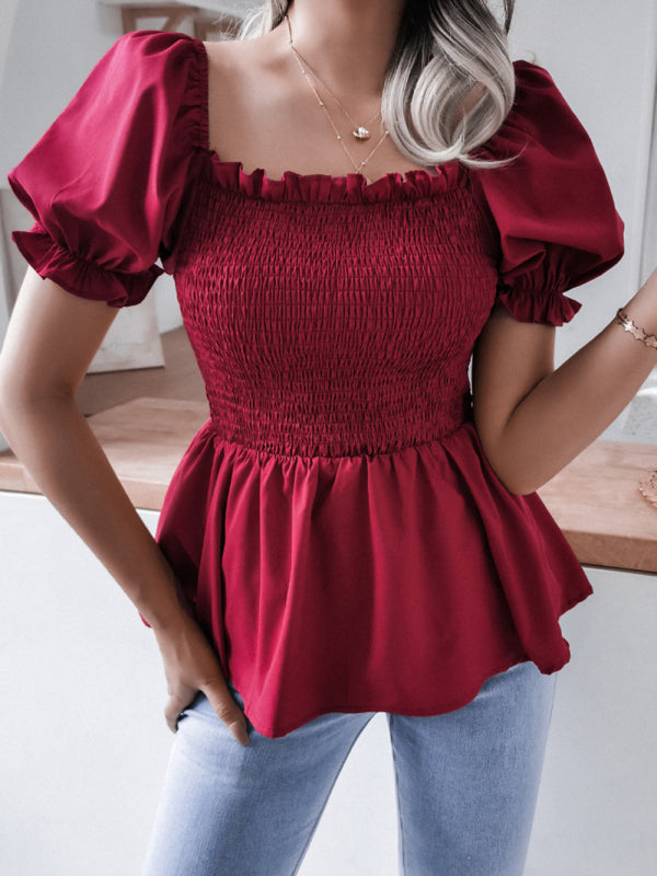 Women's Solid Color Balloon Sleeve Hem Ruffle Chiffon Shirt Top