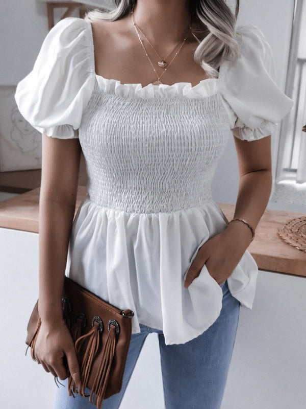 Women's Solid Color Balloon Sleeve Hem Ruffle Chiffon Shirt Top