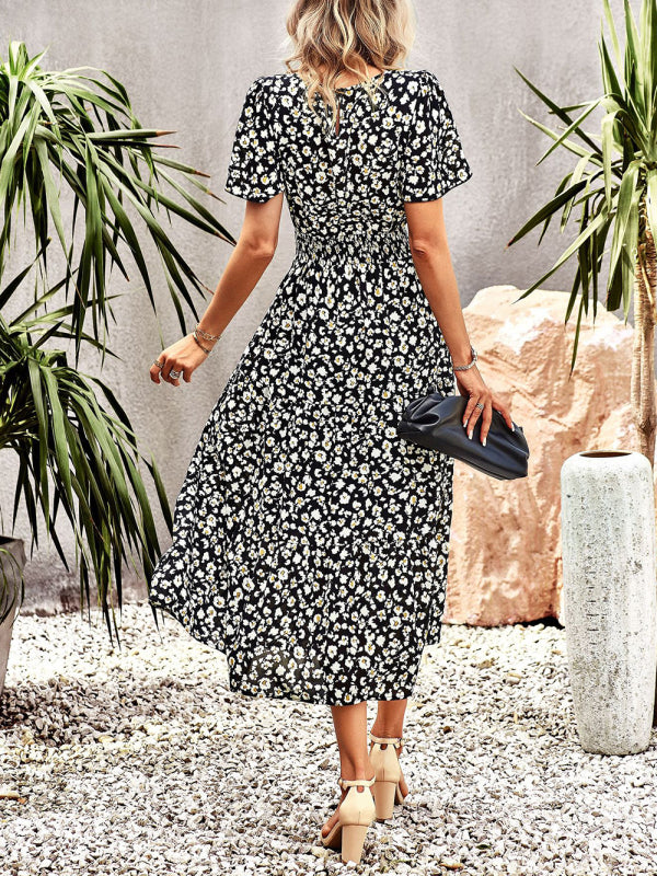 Floral Dress 2023 Summer Temperament Elegant Waist Short Sleeve Long Dress