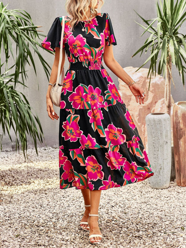 Floral Dress 2023 Summer Temperament Elegant Waist Short Sleeve Long Dress