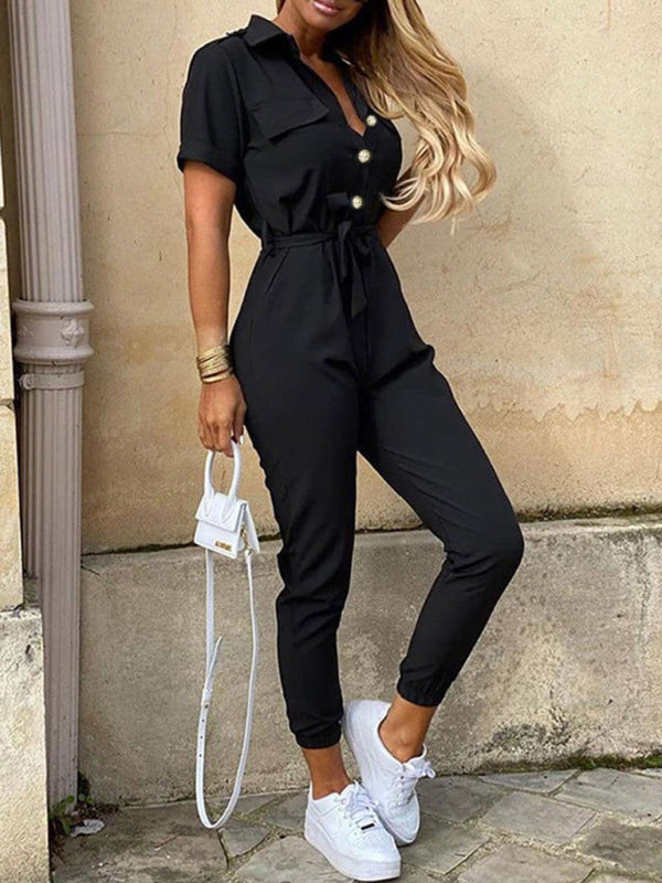 Women's Casual Lapel Buttoned Belt Cargo Jumpsuit