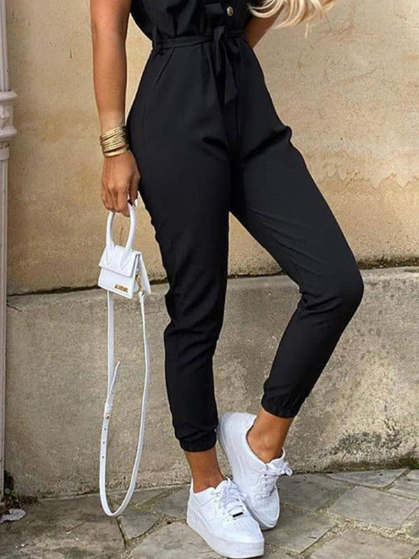 Women's Casual Lapel Buttoned Belt Cargo Jumpsuit