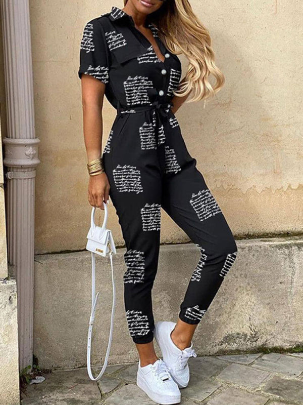 Women's Casual Lapel Buttoned Belt Cargo Jumpsuit