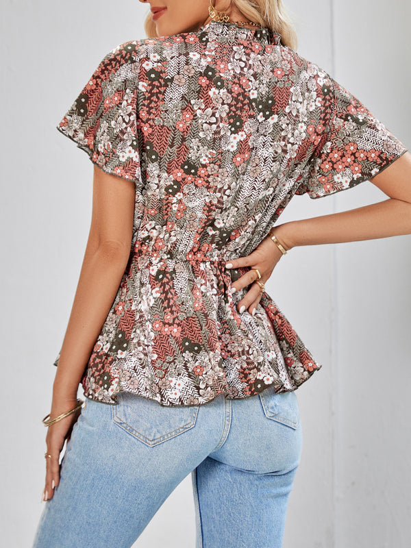 Casual V-neck waist print European and American top women