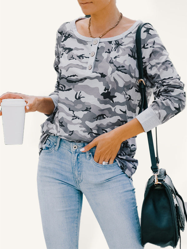 Casual loose camouflage long-sleeved T-shirt for women