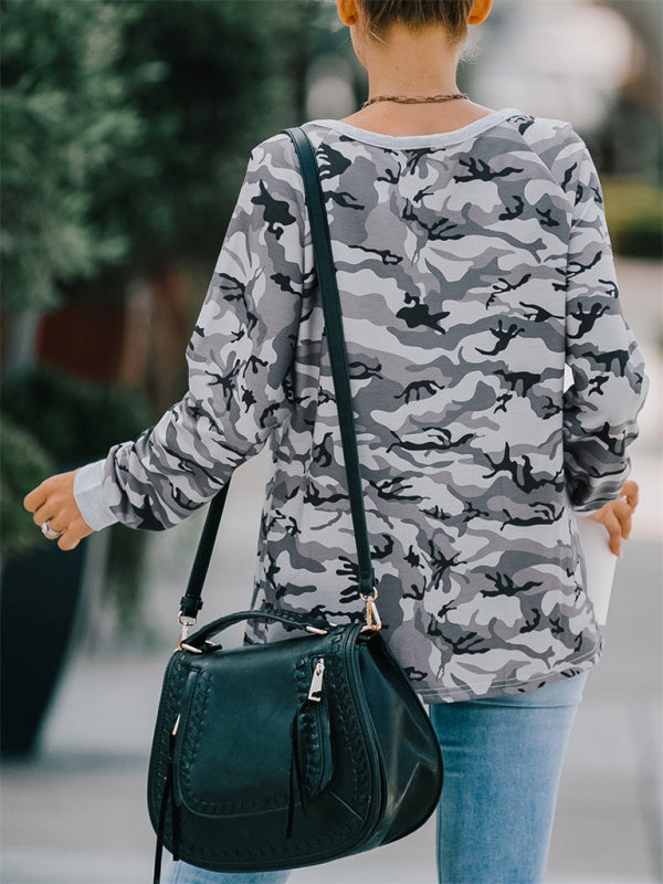 Casual loose camouflage long-sleeved T-shirt for women