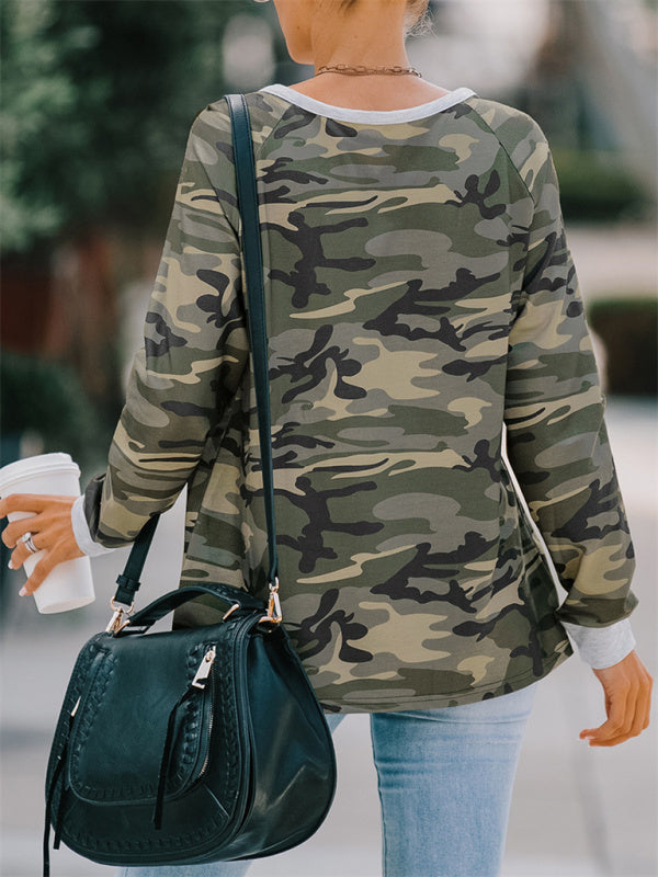 Casual loose camouflage long-sleeved T-shirt for women