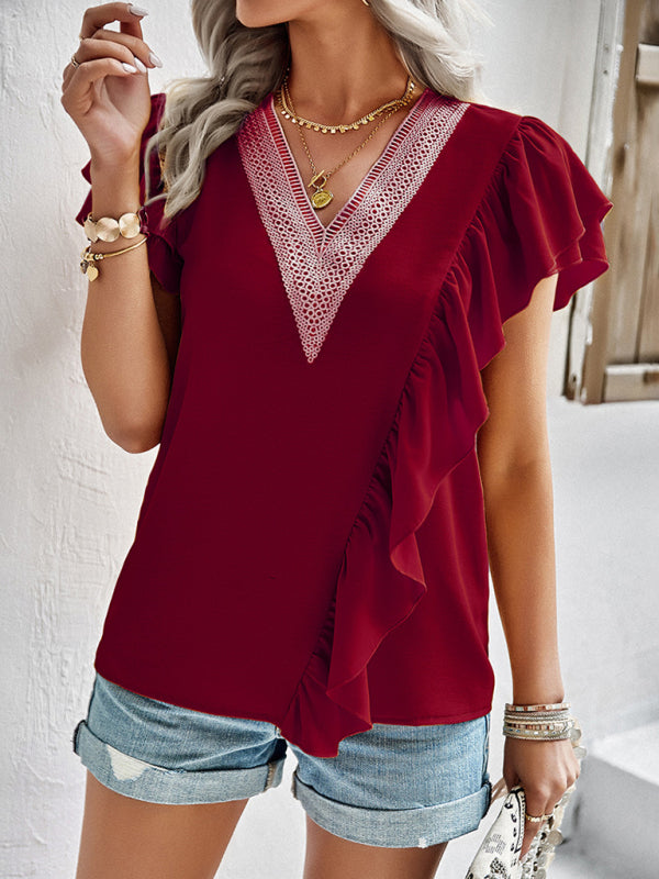 Women's Elegant Solid Color V Neck Ruffle Short Sleeve Top