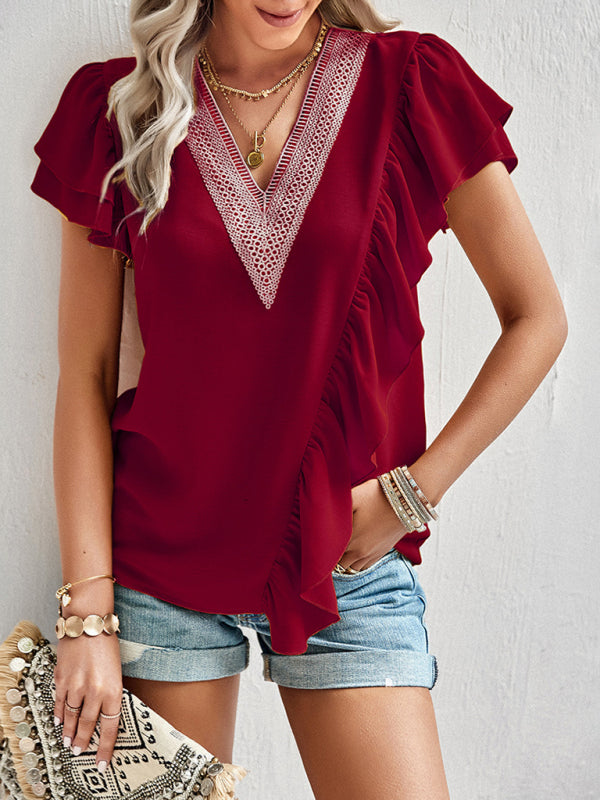 Women's Elegant Solid Color V Neck Ruffle Short Sleeve Top