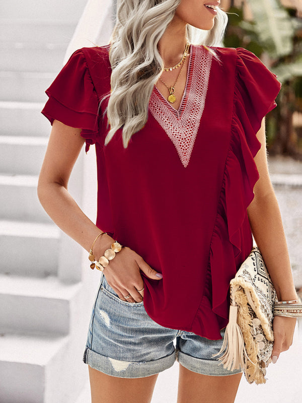 Women's Elegant Solid Color V Neck Ruffle Short Sleeve Top