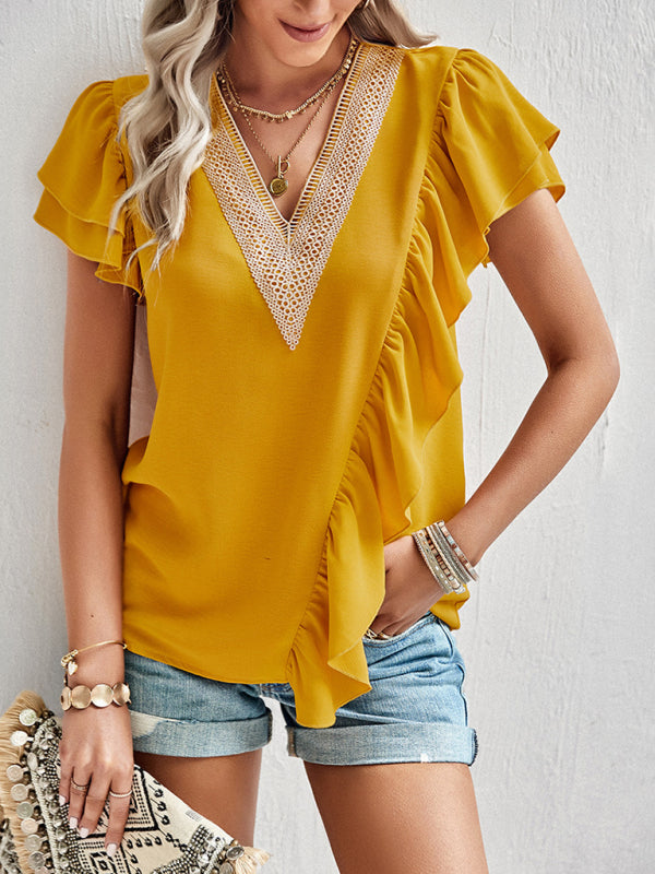 Women's Elegant Solid Color V Neck Ruffle Short Sleeve Top