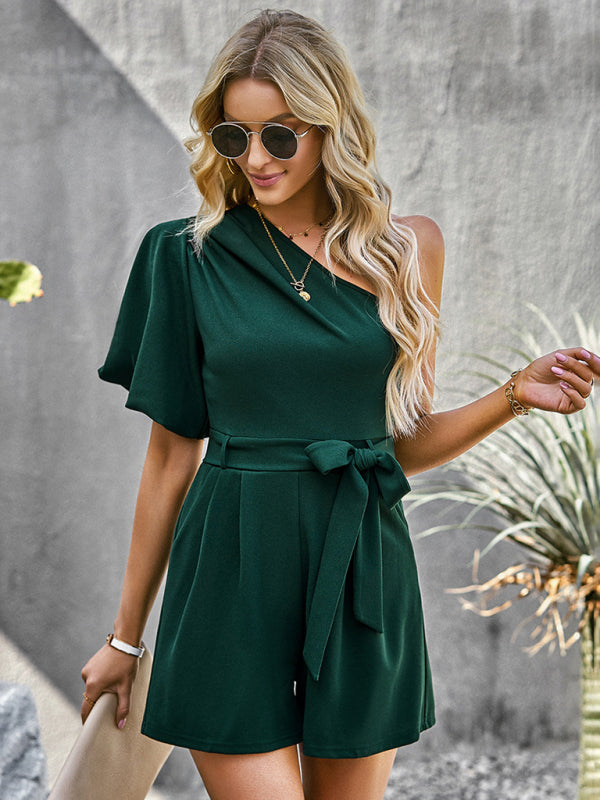 Women's Elegant Solid Color One Shoulder Rompers