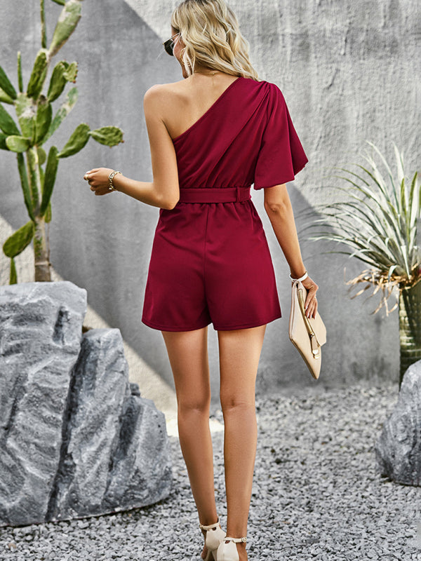 Women's Elegant Solid Color One Shoulder Rompers