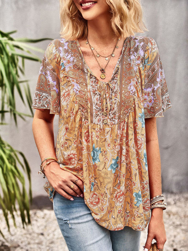 Women's V Neck Short Sleeve Printed Short Sleeve Shirt