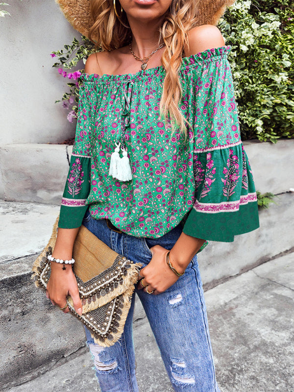 Women's Bohemian Print Loose Off Shoulder Shirt