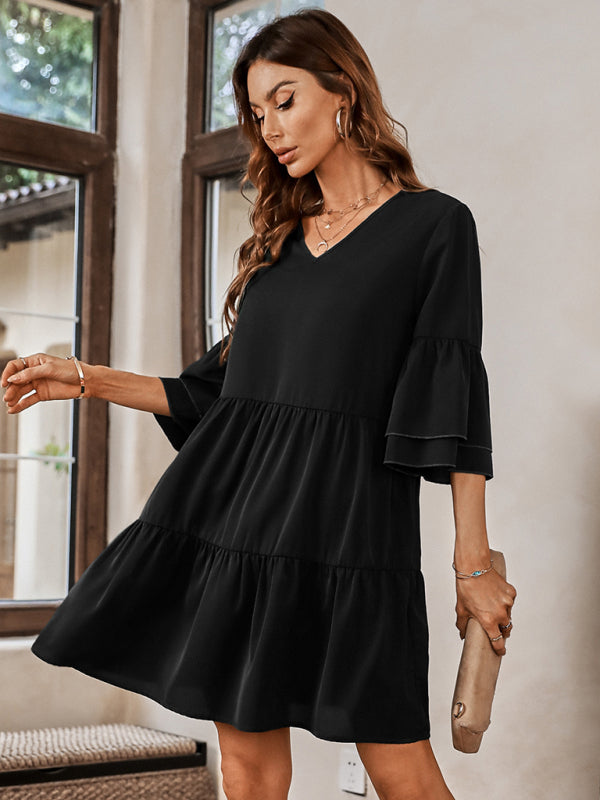 Women's fashion V-neck solid color loose dress for women