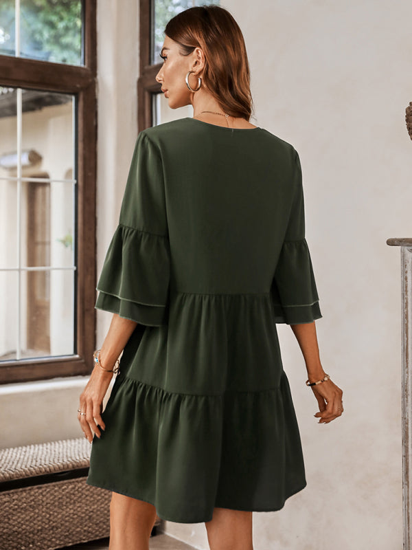 Women's fashion V-neck solid color loose dress for women