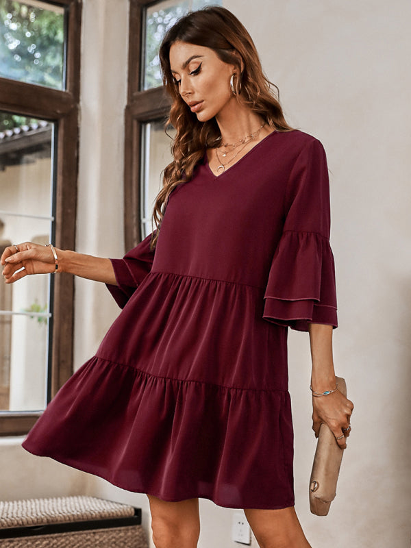 Women's fashion V-neck solid color loose dress for women