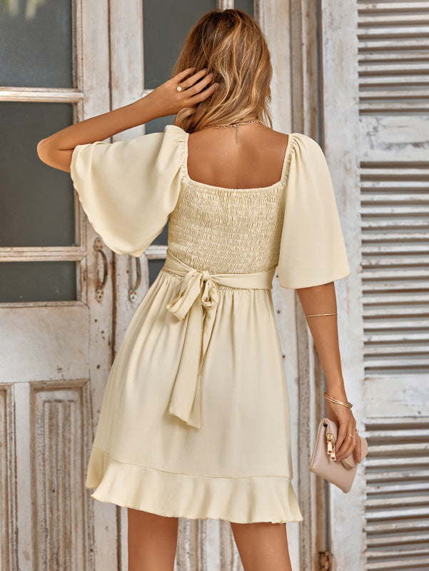 V-neck solid color waist ruffled summer dress women