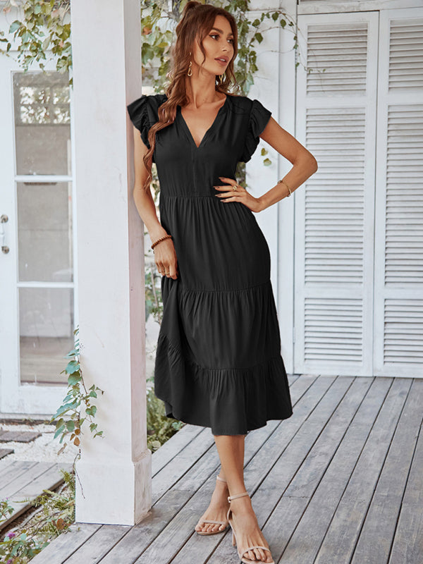 Women's Casual V Neck Flying Sleeves Solid Color Dress