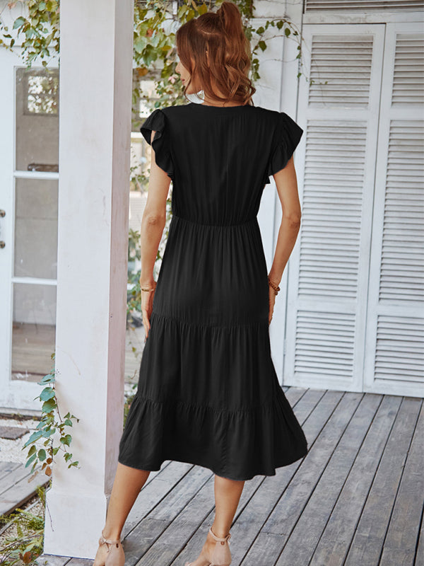 Women's Casual V Neck Flying Sleeves Solid Color Dress