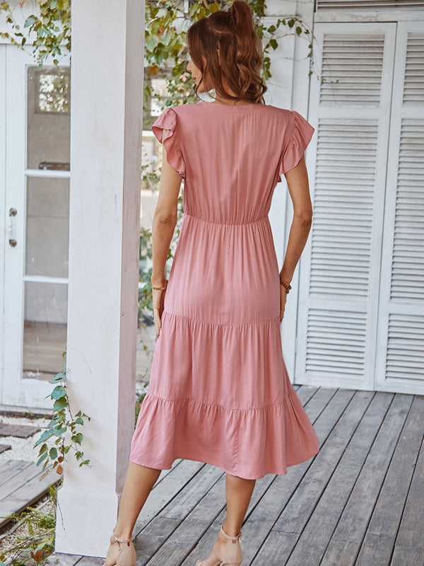 Women's Casual V Neck Flying Sleeves Solid Color Dress