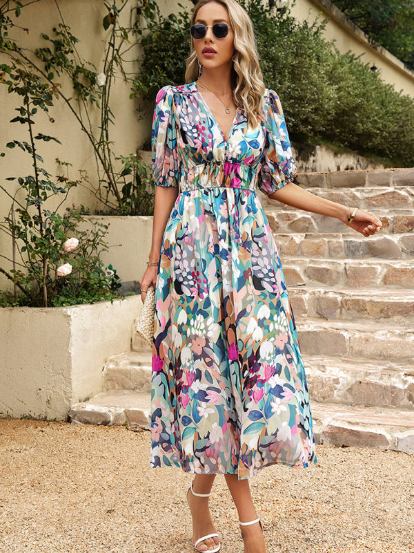 Elegant waist V-neck holiday bohemian print dress